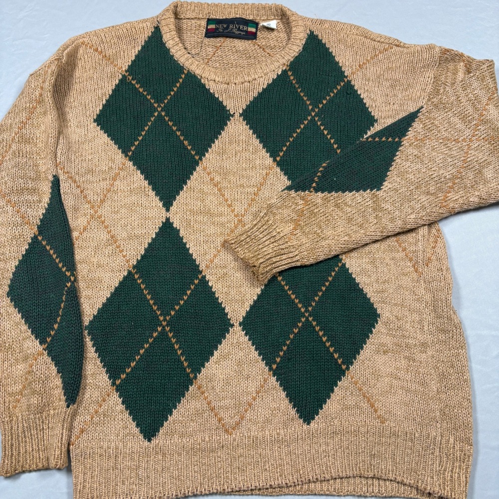 Vintage New River J Riggings Mens XL Argyle Sweater Green Tan Ramie Cotton 90s